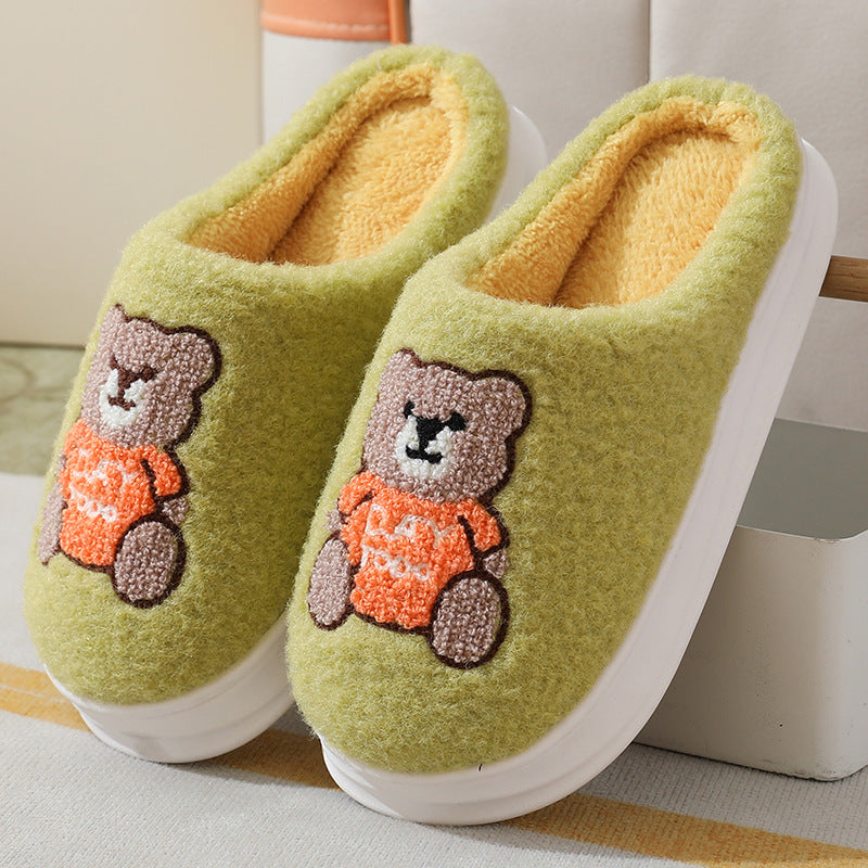 Women's Cartoon Bear Woollen Winter Warm Slippers - Indoor Thick-Soled Non-Slip Breathable House Shoes