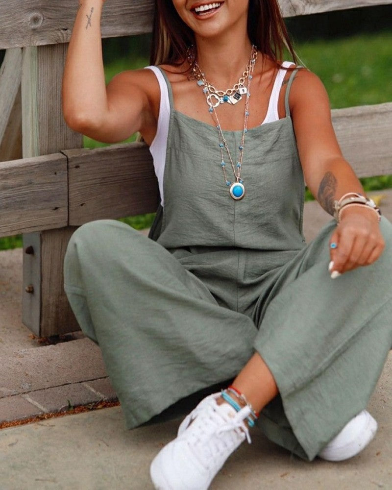 Women's Dark Green Casual Suspender Wide-leg Jumpsuit