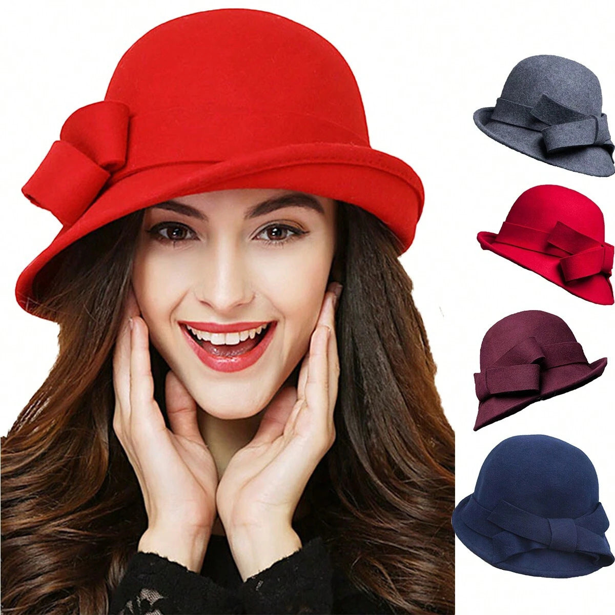 Women's Warm French-Style Elegant Retro Woollen Bowler Hat Curling Bow