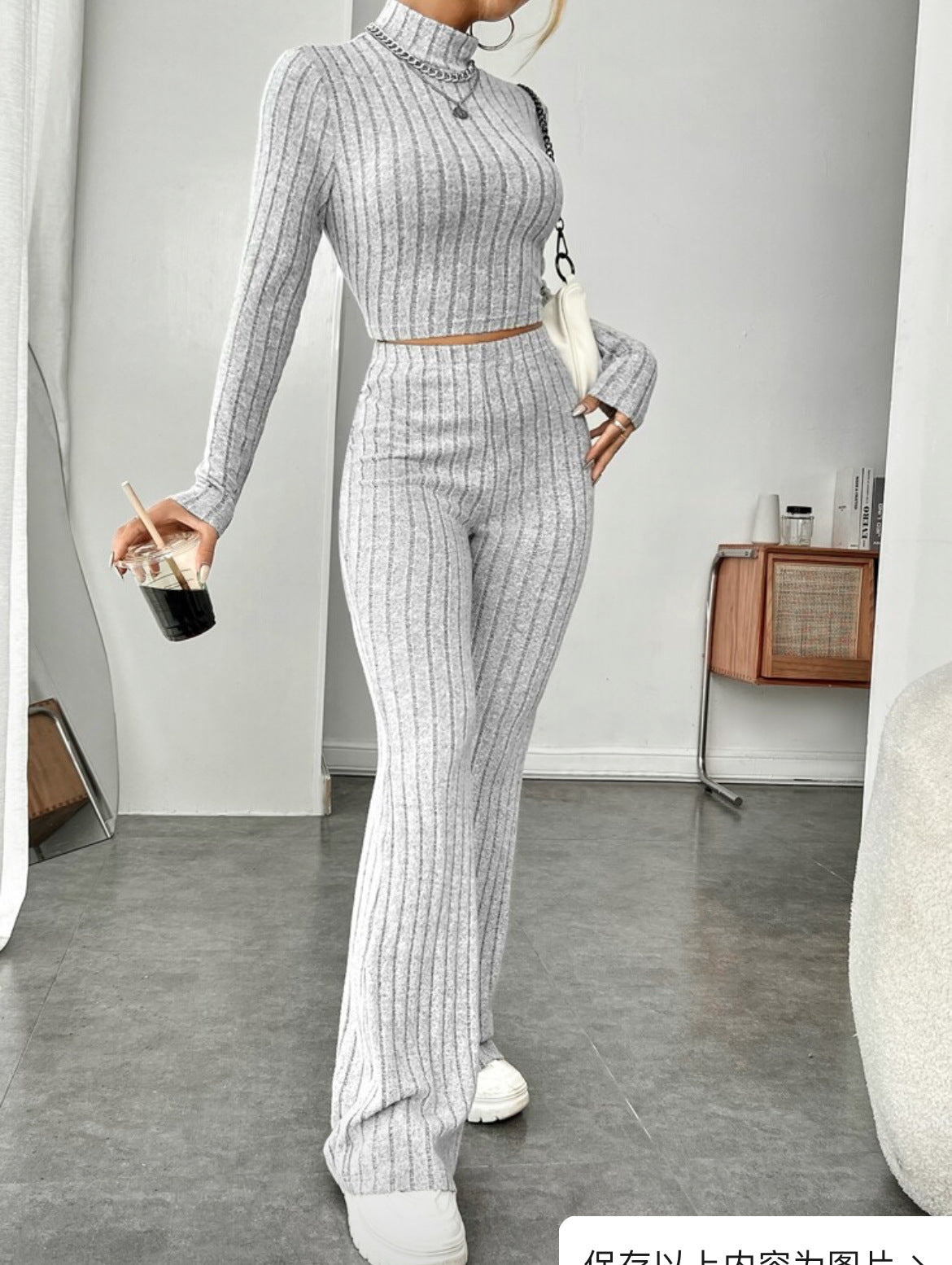 Long Sleeve Turtlenecks Wide Leg High Waist Trousers Suit For Women