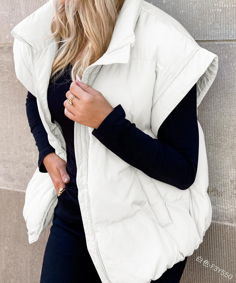 Women's Solid Colour Zipper Pocket Cotton-Padded Vest Coat - Stand Collar Temperament Commute Coat