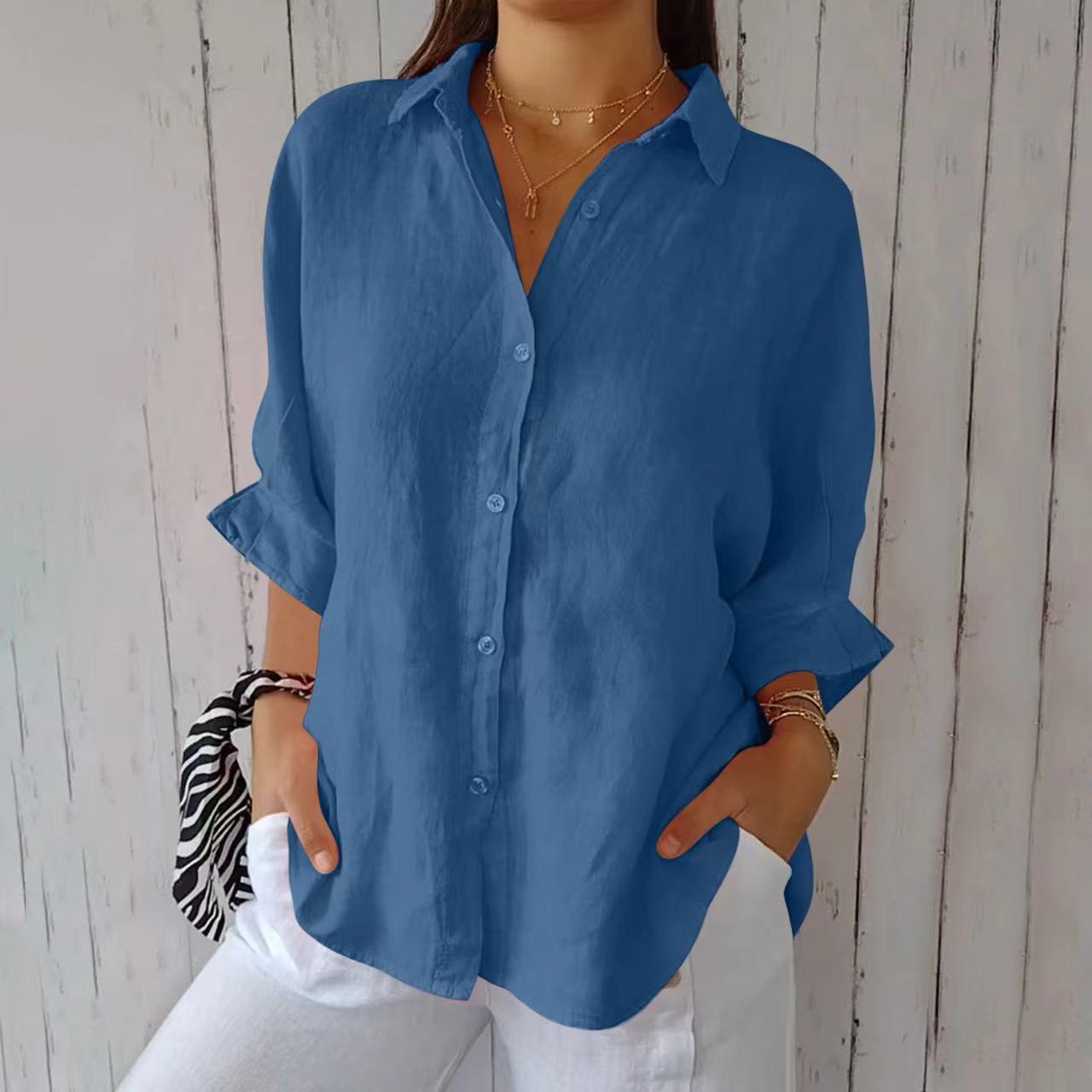 Women's Lapel Long-Sleeve Single-Breasted And Pleated Shirt