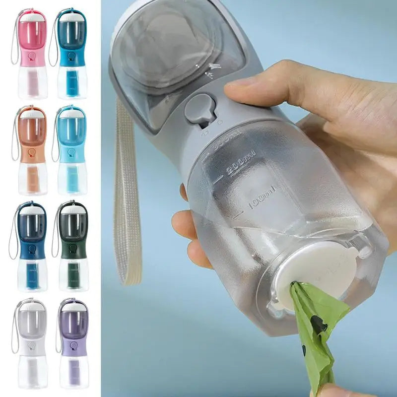 Three-In-One Portable Small Multi-functional Pet Water Bottle - With Water Drinking, Food, and Garbage Bag Compartments