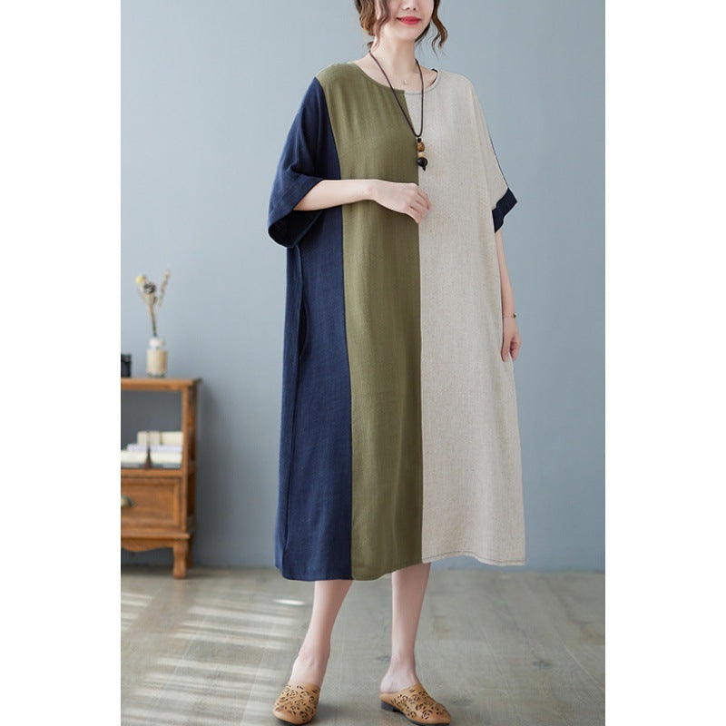 Women's Cotton And Linen Loose Half Sleeve Contrast Panelled Dress