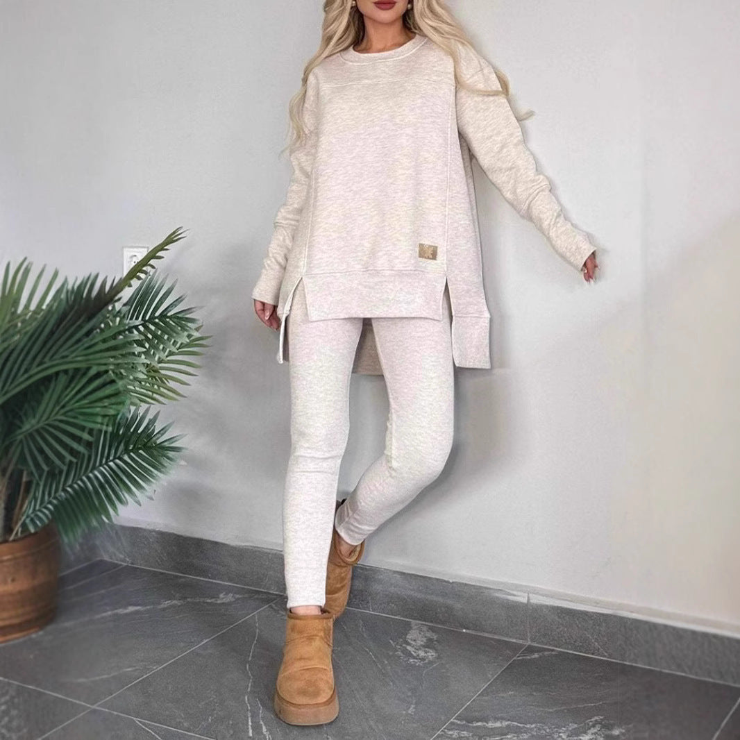 Women's Slit Long-Sleeve Top And Trousers Suit
