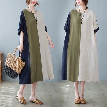 Women's Cotton And Linen Loose Half Sleeve Contrast Panelled Dress