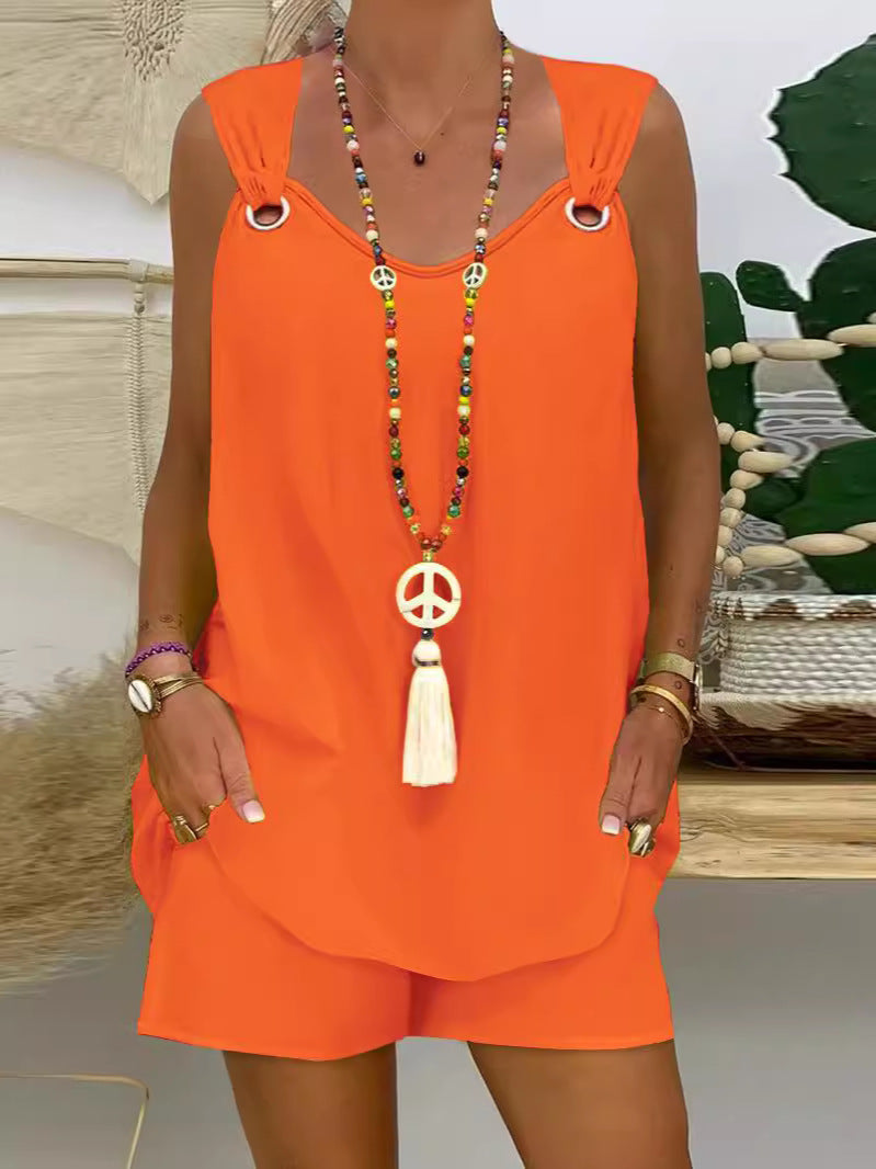 Elegant Solid Colour Sleeveless Casual Top Shorts Suit