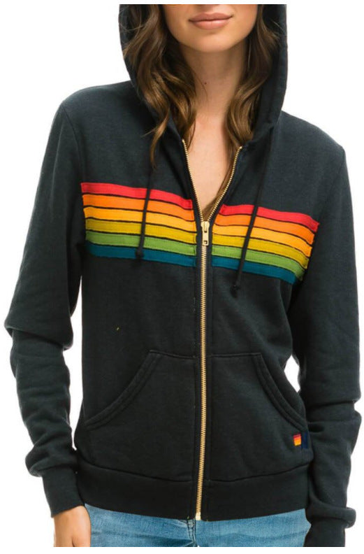 European And American Women's Casual Rainbow Sweater Jacket