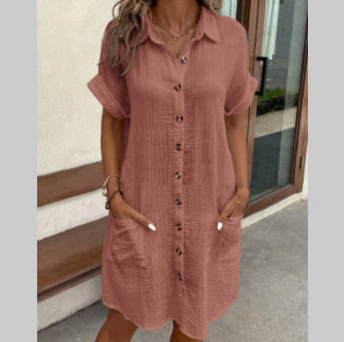 Summer Short Sleeve Shirt Dress Fashion - Solid Colour Single-Breasted Mid-Length Loose Dress