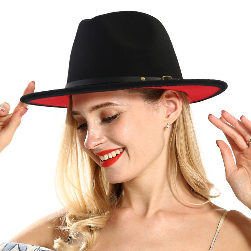 European And American Popular Woollen Top, Colour Matching Flat Brim Fedora Jazz Ladies Hat
