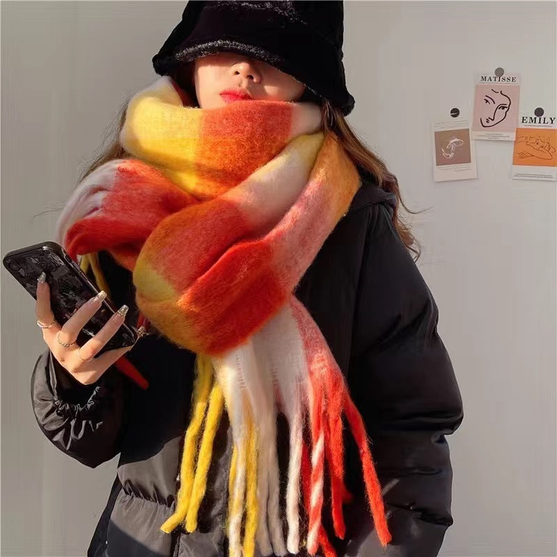 Women's Plaid Tassel Scarf Rainbow Colour-Blocking Shawl