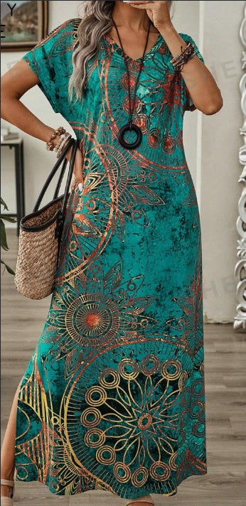 Women's Summer Vintage Floral Print V-Neck Batwing Sleeve Ladies' Casual Maxi Long Dresses
