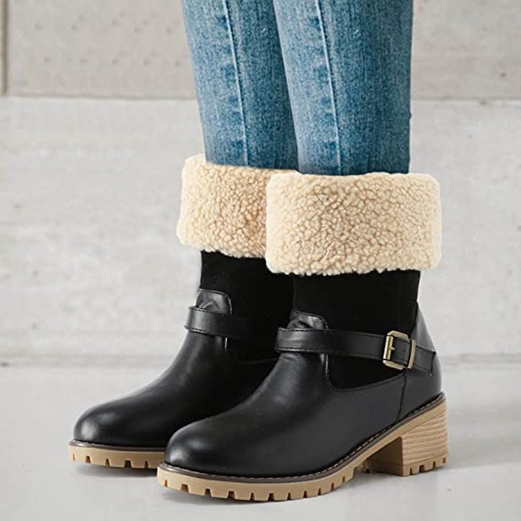 Women's Fashion Boots With Buckle - Chunky Heel Warm Winter Round Toe Shoes