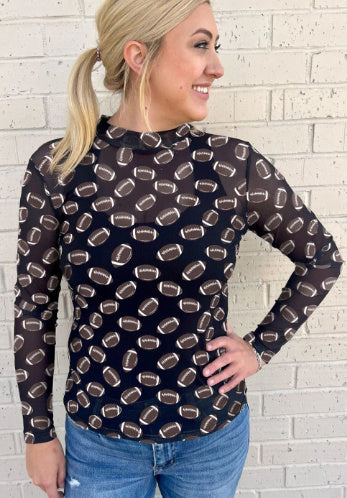 Black Game Day Rugby Mesh Sheer Long-Sleeve Top For Women