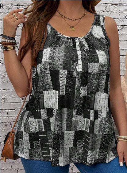 Women's Plus Size Summer Geometric Printed Round Neck Pleated Casual Tank Top