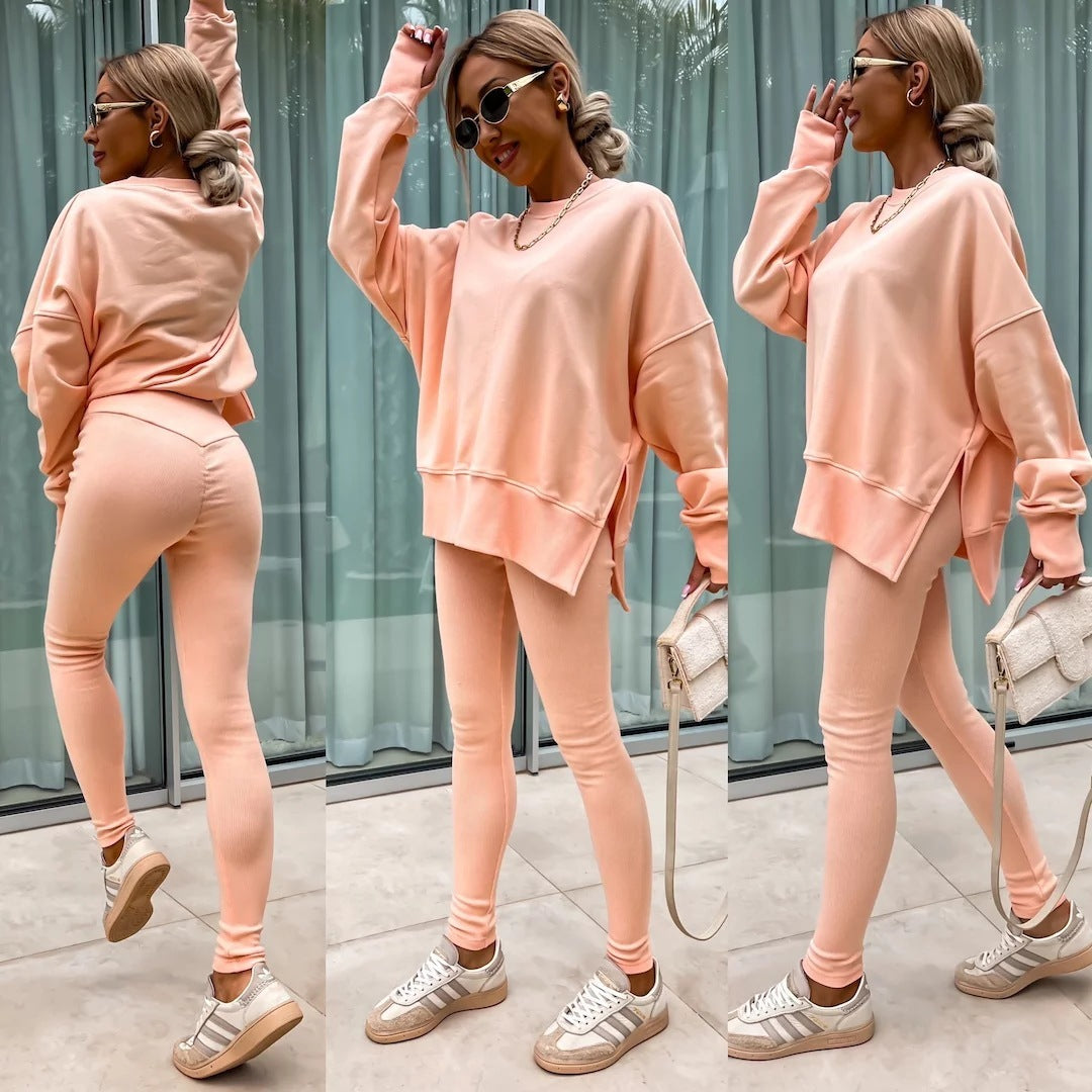 Women's Sweater Suit - Casual Loose Long Sleeve Crew Neck Split Top With Tight Trousers