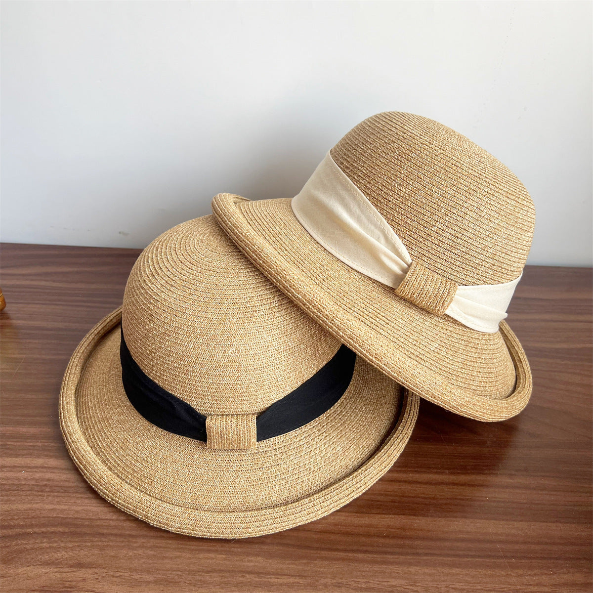 French Straw Sun Protection Bow Curling Temperament Straw Hat - All-Season Suitable