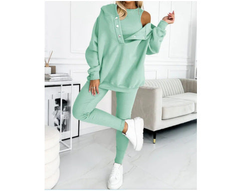 Women's Solid Colour Vest Hoodie And Pants Set
