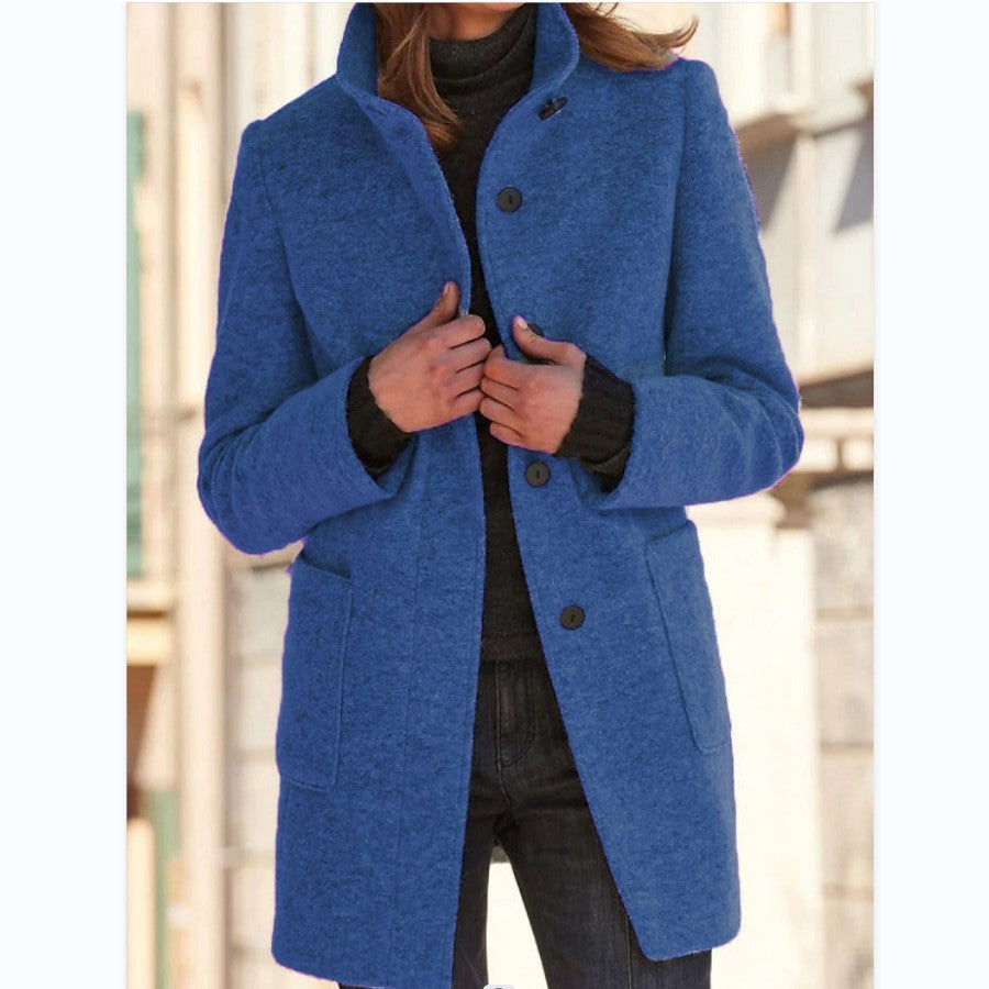 Women's Stand Collar Woollen Coat With Pockets and Suitable For Autumn & Winter - Ladies' Casual Button Outwear