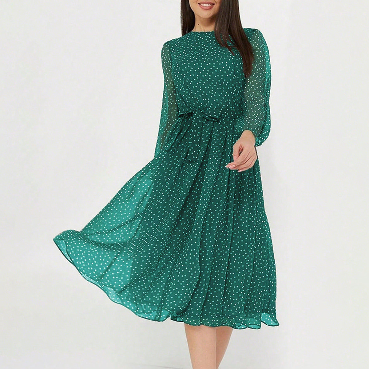 European And American Leisure Vacation Style Polka Dot Long-Sleeve Maxi Dress For Women