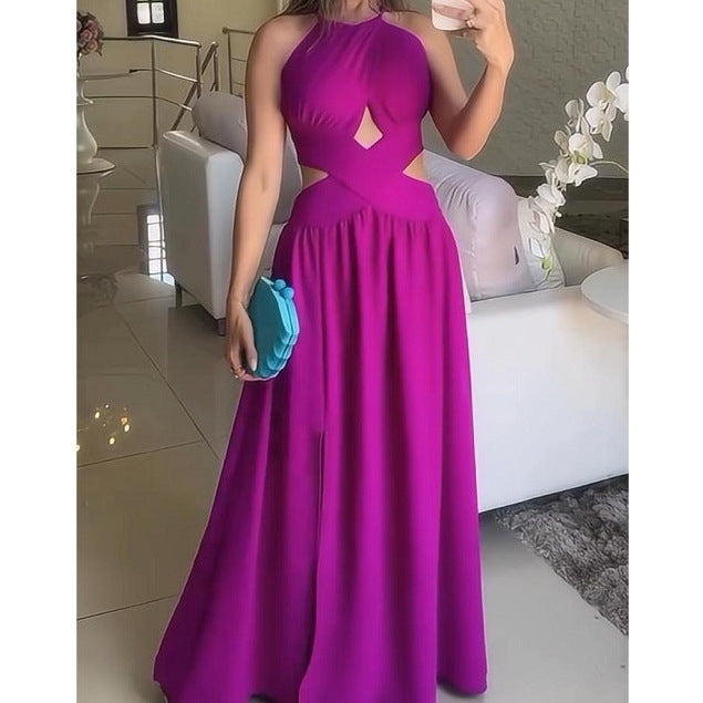 Women's Velvet Slim Fit Pleated Round Neck Dress Waist-Tight Pleating Hip-Wrapped