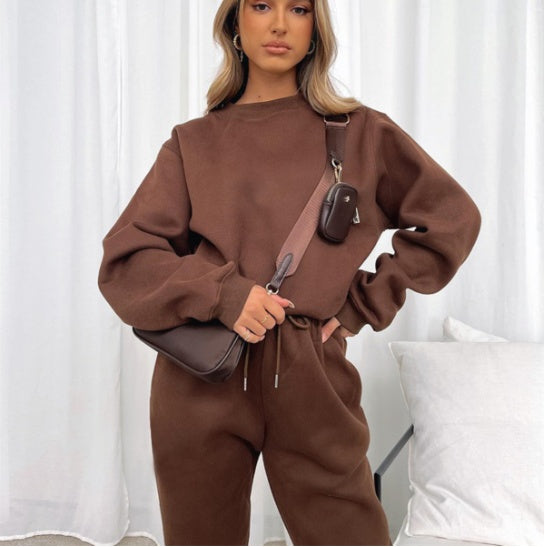 Solid Colour Round Neck Pullover, Long Pants And Long Sleeve Hoodie Set