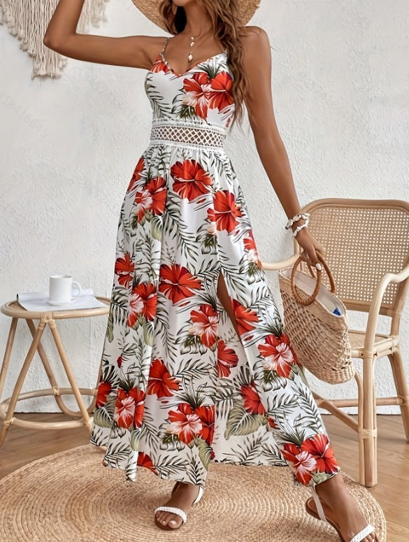 Printed V-Neck Brace Lace Stitching High Slit Dress