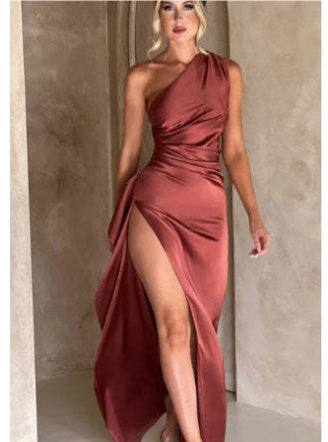 Women's Sexy One-Shoulder Backless Slit Dress, Summer Elegant Slim-Fit - Solid Colour Satin Dresses