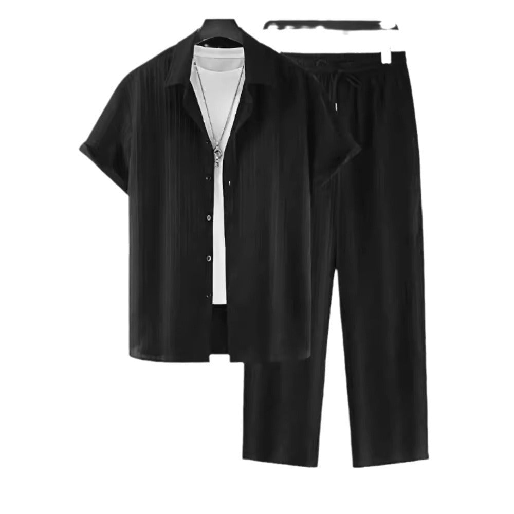 Striped Short-Sleeved Breasted Shirt - Lapel Suit For Men