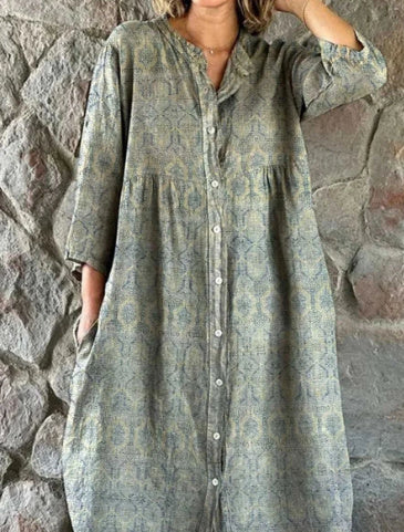 Women's Casual Standing Collar Button Long Dress