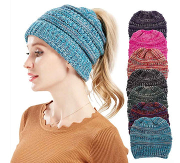 Women's Mixed Colour Knitted Wool Hat, Non-Labelled Ponytail Hat For Ladies