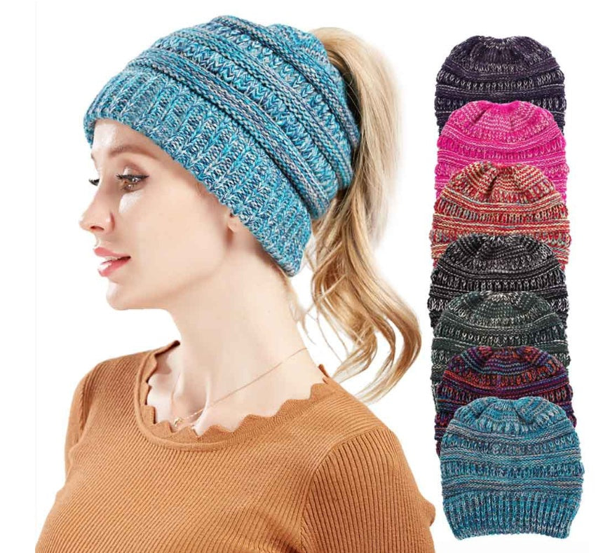 Women's Mixed Colour Knitted Wool Hat, Non-Labelled Ponytail Hat For Ladies