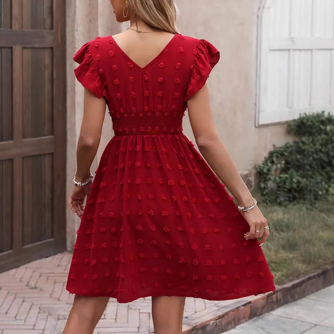 Jacquard Big Fur Ball Elastic Waist Ruffle Sleeve Short Sleeve V-Neck Dress