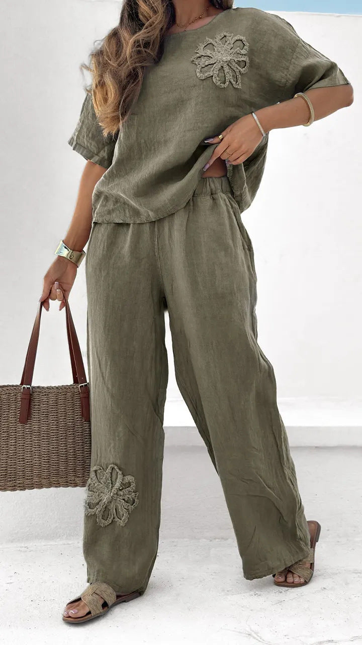 Women's 2-Piece Set Plus Size Embroidered Leisure Suit High Waist Loose Trousers