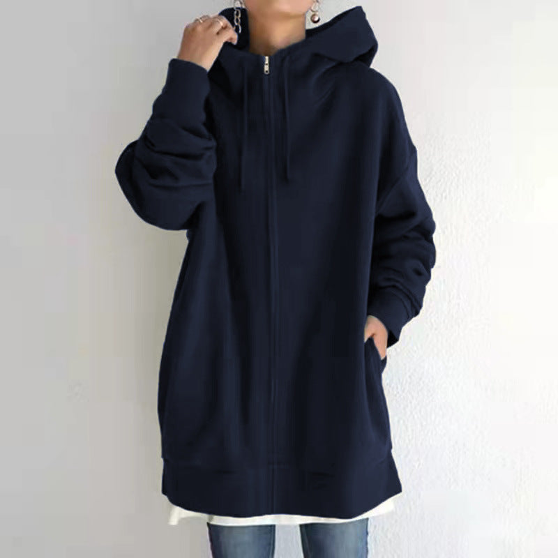 Women's Oversized Loose Hooded Coats, Autumn Tie Collar Long Sleeve Zipper Up And Velvet Long Sweatshirt Sizes S-5XL
