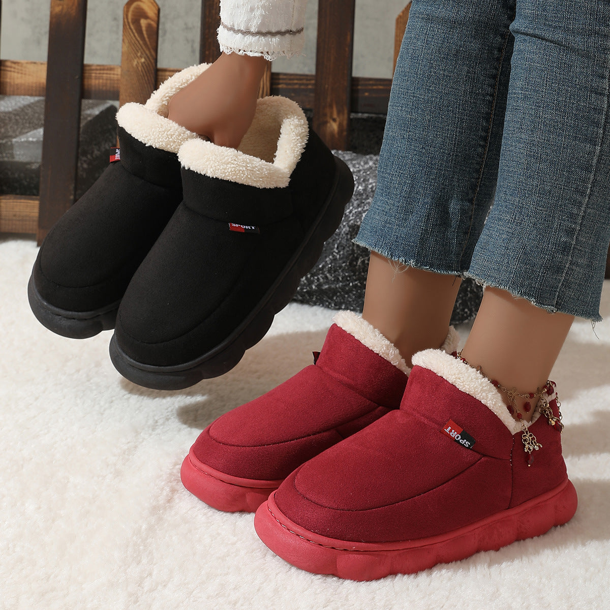 Unisex Winter Plush Cotton Solid Colour Warm House Shoes - Thick-Soled Suede Outdoor Shoe