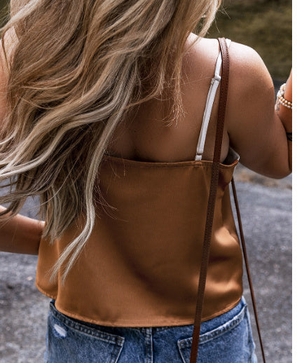 Khaki Chevron Colour Block Spaghetti Straps Tank Top For Women