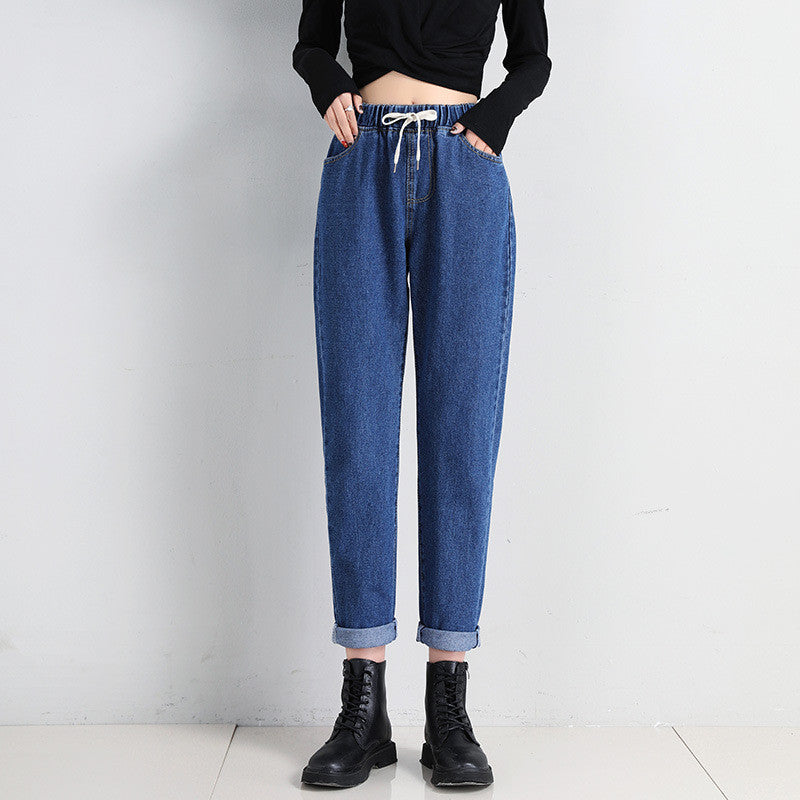 Korean Style Women's Straight Casual Elastic Waist Tied High Waist Student Jeans