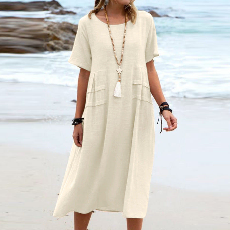 Women's Summer Loose Casual Mid Breathable Dress, Cotton Linen Short-Sleeve & Mid-Length Simple Beach Dress