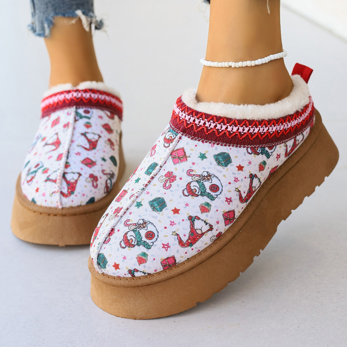 Women's Winter Cartoon Christmas Print Ankle Boots - Casual Slip On Plush Lined Comfortable Home Shoes