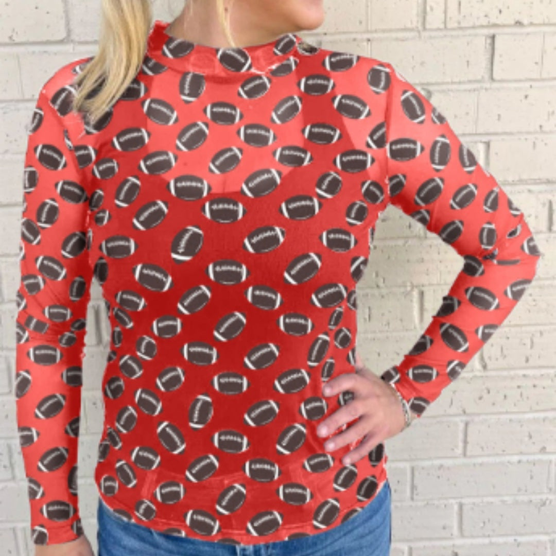 Black Game Day Rugby Mesh Sheer Long-Sleeve Top For Women