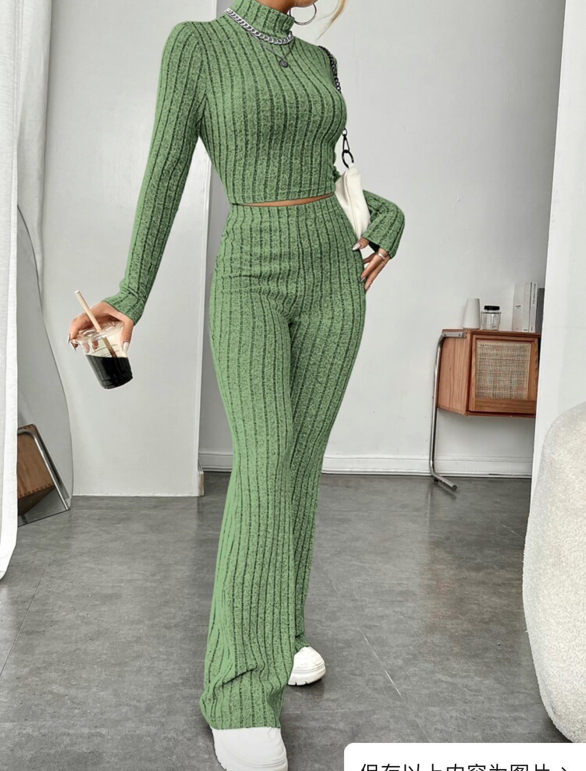 Long Sleeve Turtlenecks Wide Leg High Waist Trousers Suit For Women
