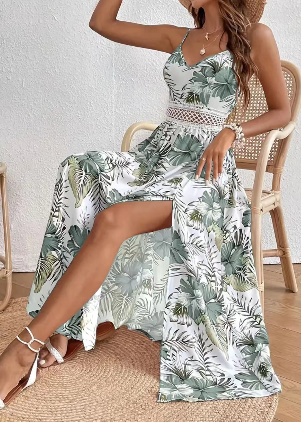 Printed V-Neck Brace Lace Stitching High Slit Dress