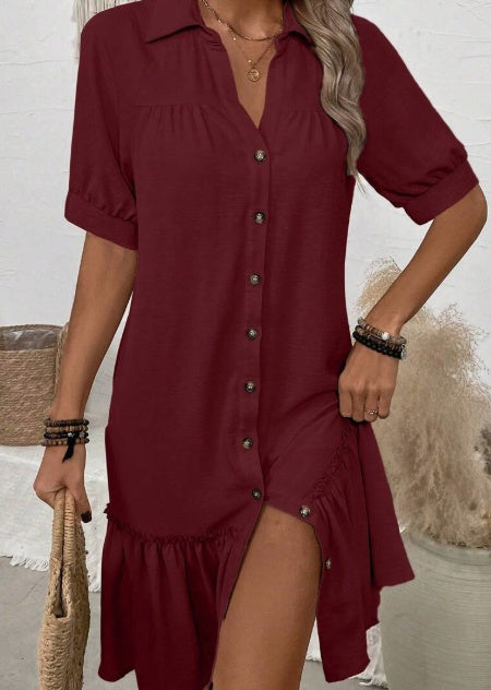 Women's Solid Colour Turn-Down Collar Button-Up Dress With Ruffle Hem For Ladies