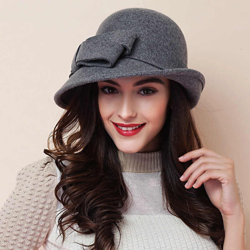 Women's Warm French-Style Elegant Retro Woollen Bowler Hat Curling Bow