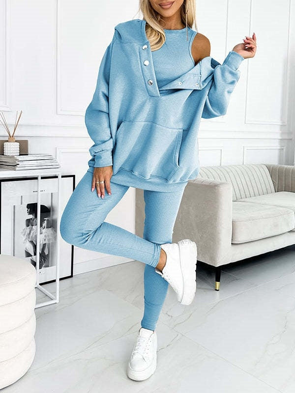 Athleisure Hoodie With Thick Thread Slim-Fit Vest Pants Three Pieces Set For Women