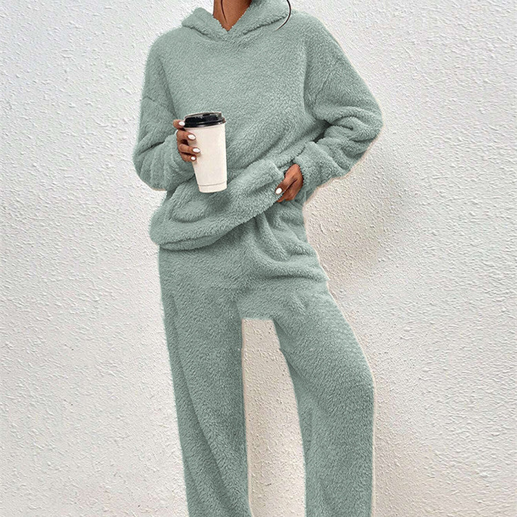 Fleece-Lined Hooded Long-Sleeve Dimensional Patch Pocket Casual Trousers - Solid Colour Suit For Women