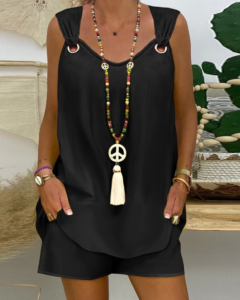 Elegant Solid Colour Sleeveless Casual Top Shorts Suit