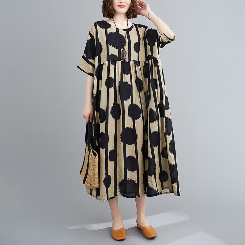 Women's Literary Fat MM Large Size Loose Print Short Sleeve Dress