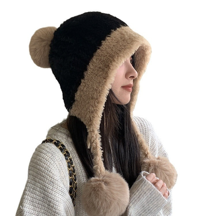 Fleece-Lined Thickened Knitting Hanging Ball Cap - Woollen Warm Ear Protection Knitted Hat
